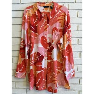 Denim & Co. Beach Jersey Regular Button Front Printed Tunic Top Coral Leaf Sz 3X